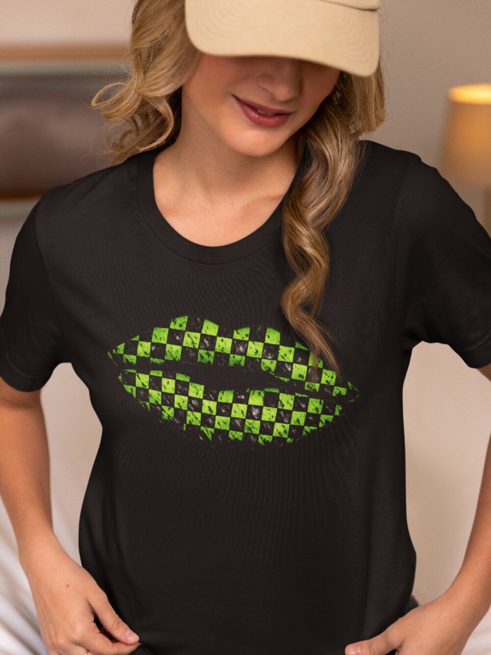 Checkered Lips T-Shirt – Distressed Graphic Tee with Transparent Knockout Green